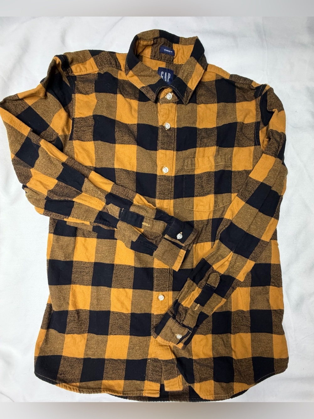 GAP Men’s Medium Buffalo Plaid Flannel Shirt Mustard Black Organic Cotton NWT